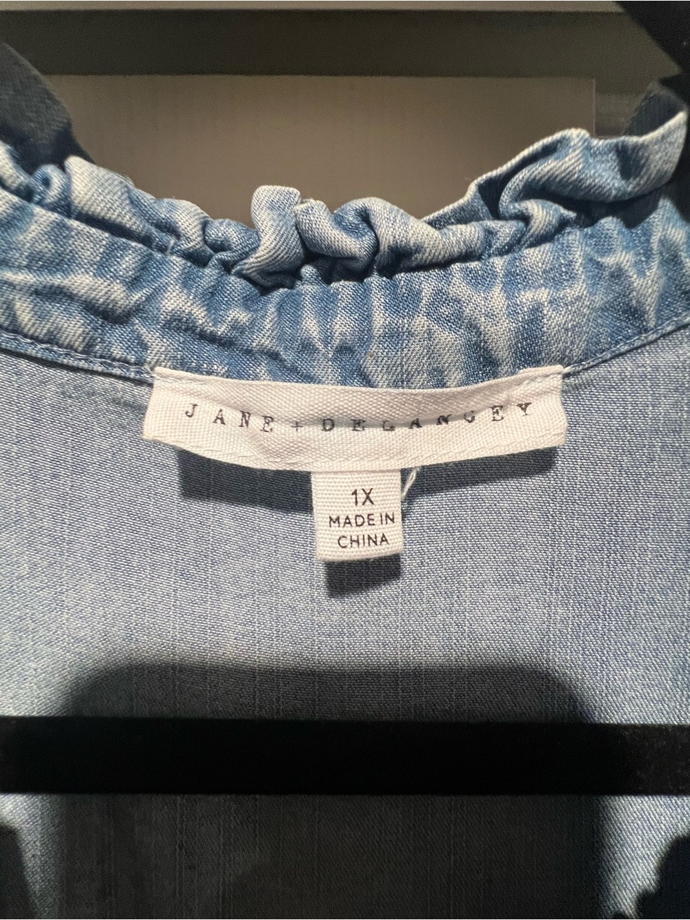 Washed Light Blue Button-Front Tunic with Ruffle Trim - Picture 2 of 3
